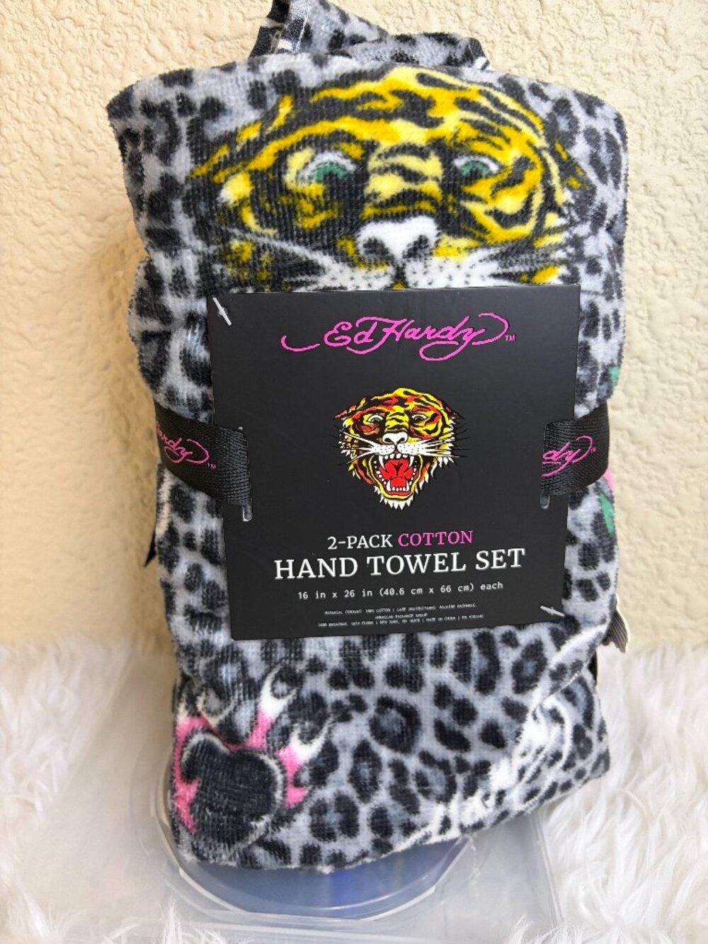Ed Hardy Tiger Leopard Tattoo 2 Pack Cotton Hand Towels 16x26 Gray NWT